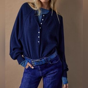 Free People Porta Cashmere Henley Sweater in Shark Navy Blue